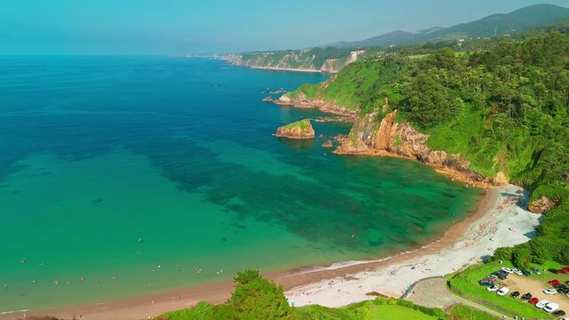 Aerial view of a Ermita de la Regalina on the steep cliffs in Asturias, Spain
