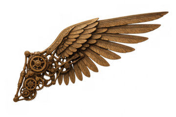 Clockpunk style wing with gears and feathers isolated on transparent background, perfect for fantasy or steampunk projects