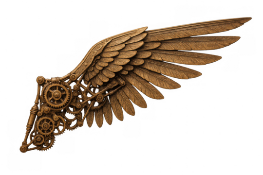 Clockpunk style wing with gears and feathers isolated on transparent background, perfect for fantasy or steampunk projects