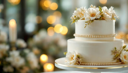 Close-up of an elegant white wedding cake with delicate sugar flowers, pearls, and gold trim, softly lit in a modern reception setting.

