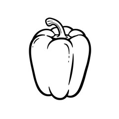 Bell Pepper: A single black and white image showcases a perfect bell pepper in all its forms. The pepper's shape, with its curves and stem, is displayed plainly. 