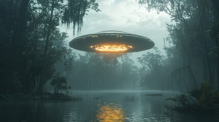An unidentified flying object hovers above a dense swamp glowing in the darkness