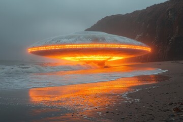 A glowing alien spaceship parked on a beach with waves gently lapping at its base