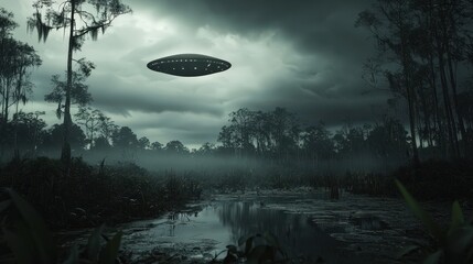 An unidentified flying object hovers above a dense swamp glowing in the darkness