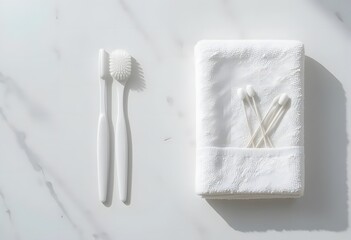 White Toothbrush, Cotton Swabs, and Towel on White Background Flatlay