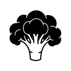 Broccoli Icon: A bold, clean black and white image showcasing a single broccoli floret, ideal for food, health, and nutrition-related themes.