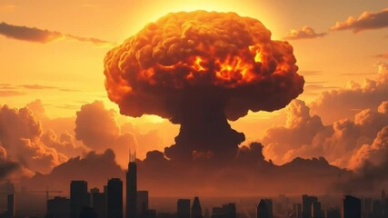 Nuclear explosion with mushroom cloud over city skyline. Catastrophic destruction. Concept of global catastrophe, war, catastrophe, armageddon, total destruction, barren land. 4k video - Powered by Adobe