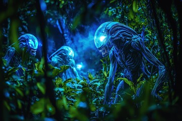 Aliens with translucent skin and bioluminescent markings exploring a dense otherworldly jungle