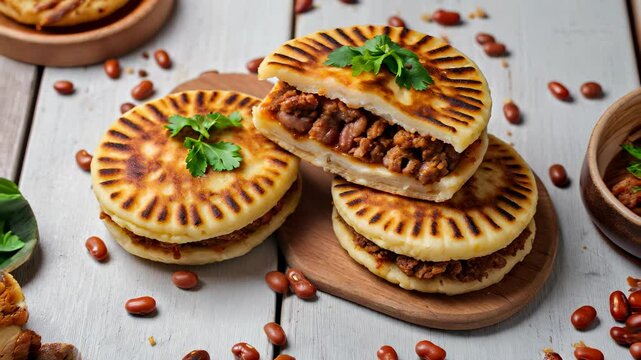 Savory arepas stacked with flavorful meat and beans showcased on a wooden platter ready for dining