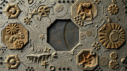 Ancient mechanical relief with fossilized elements