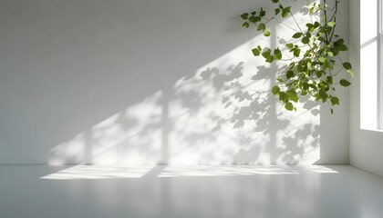White Wall Studio Mockup with Natural Sunlight and Green Leaf Shadows