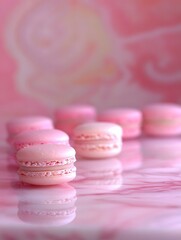 Obraz premium A close up view of pink macarons on a reflective surface with a pink and white blurred background