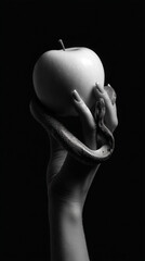 Food healt. Apple and snakes intertwine to evoke temptation, original sin, desire, and modern interpretations of classic mythology. Blend of biblical symbolism and sensual fashion.	