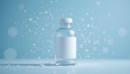 Winter Medicine Bottle with Snowflakes on Light Blue Background