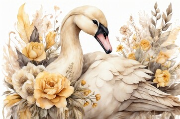 Obraz premium Elegant swan surrounded by soft yellow flowers in a serene and artistic display of nature's beauty