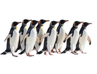 Fototapeta premium Group of Penguins Walking Together on Snow, Side View Action Scene — PNG on Transparent Background. (2)