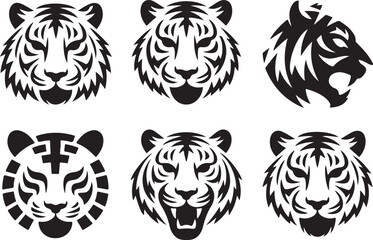 Majestic Tiger Head Designs Six Unique Black and White Illustrations