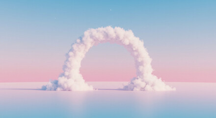 A fluffy cloud arch gracefully spans across a pastel-colored sky, creating a dreamy scene.