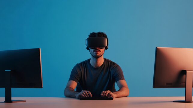 Software developer wearing virtual reality headset and typing on keyboard while sitting at desk in front of two computer monitors against blue backdrop in modern office