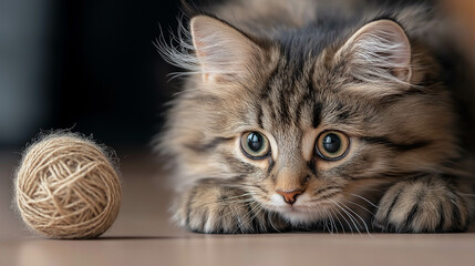 A cat is laying on the floor and staring at a ball of yarn