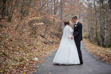 A bride and groom are standing on a road surrounded by trees and leaves