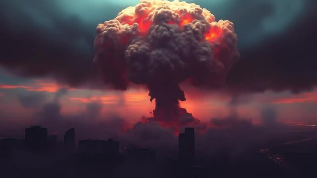 Nuclear explosion with mushroom cloud over city skyline. Catastrophic destruction. Concept of global catastrophe, war, catastrophe, armageddon, total destruction, barren land. 4k video