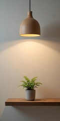Wooden Pendant Lamp Illuminating Small Green Plant on Rustic Shelf