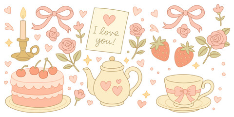 Set of hand drawn coquette elements for Valentines day. Collection of hand-drawn, romantic illustrations in soft pink tones. It includes various elements commonly associated with love and affection.