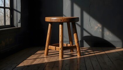 Wooden Stool in Dark Minimalist Room with Long Dramatic Shadows