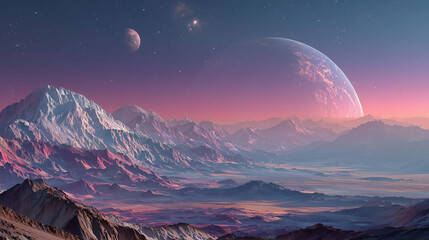 Color-rich outer space composition with Earth and distant planets under glowing starlight