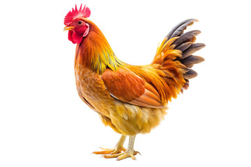 Fototapeta premium A vibrant rooster with golden brown and red plumage stands tall isolated on a transparent background