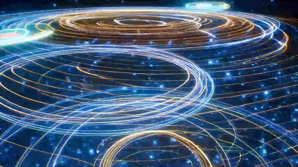Glowing circles moving in futuristic digital grid background. Shifting neon rings in tech inspired abstract motion design animation video loop.
- Powered by Adobe