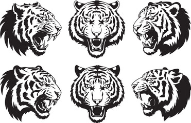 Majestic Tiger Head Illustrations Six Unique Black and White Designs for Art and Design Projects