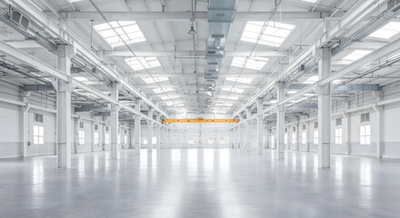 Obraz premium Wide-angle interior of a vast, empty white industrial factory with polished concrete floor and exposed beams.