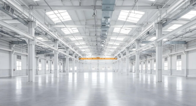 Wide-angle interior of a vast, empty white industrial factory with polished concrete floor and exposed beams.

 - Powered by Adobe
