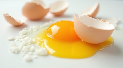 Close up of broken chicken egg and egg scattered on a floor, white background.