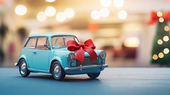 A small blue toy car with a red bow sits on a table. The background features blurred festive decorations, suggesting a holiday theme. - Powered by Adobe