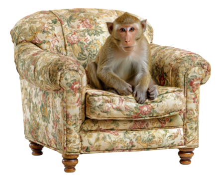 Monkey sitting on vintage floral sofa, showcasing calm demeanor. intricate patterns of upholstery contrast with monkey natural features, creating unique visual appeal