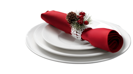 Elegant Christmas Table Setting Red Napkin, White Plates, Festive Decor