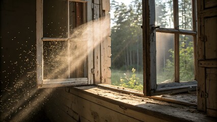 Dust dancing in sunbeam through old window — floating and fading at once