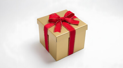 Golden gift box with red ribbon bow, elegant and festive, symbolizing luxury and celebration