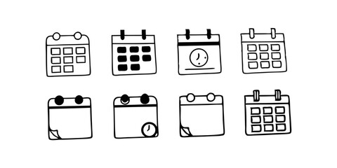 Hand-Drawn Doodle Set of Calendar and Time Management Icons for Scheduling.