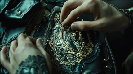 A person carefully crafting a detailed golden embroidery design