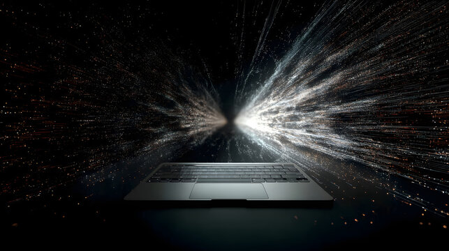 Innovation Unleashed: A sleek, open laptop illuminates a dynamic cloud of data, representing the power of information and boundless digital potential.