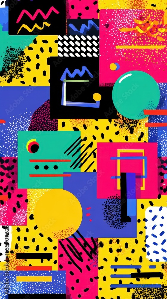 Poster vibrant 90s retro geometric abstract art background design bold colorful shapes and patterns for mod