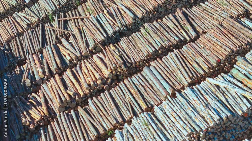 Poster aerial shot of organized timber logs stacked in rows at a lumberyard. the uniform arrangement highli