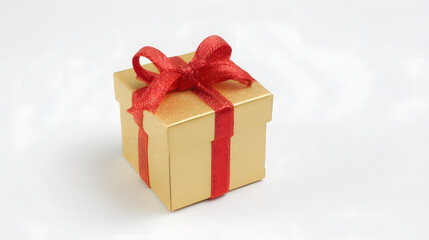 Obraz premium Golden gift box with red ribbon bow, elegant and festive, symbolizing luxury and celebration