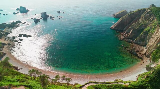 Aerial view of Playa del Silencio o Gaviero beach in Cudillero, Asturias, Spain