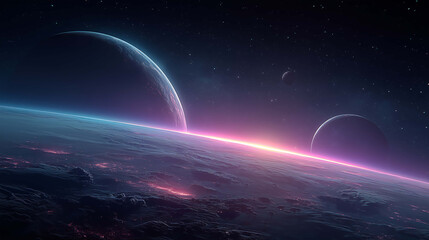 Minimalist space artwork with colorful light reflecting off planets in a quiet distant galaxy
