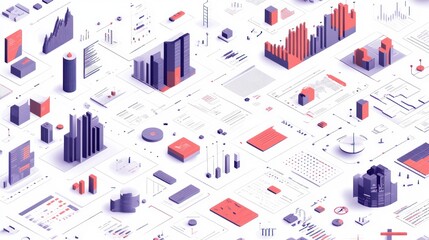Abstract isometric graphic design of data visualizations, charts, and graphs.